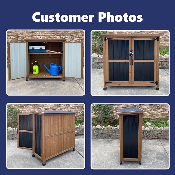 Wood & Metal Outdoor Storage Cabinet with Waterproof Roof, Garden Tool Shed with 4 T-Hinge, 4 Adjustable feet and Magnetic Door, 2 Removable Shelves, Easy Installation, 13.5" D x 34.5" W x 39" H