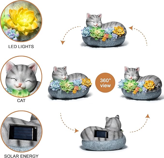 basen Solar Sleeping Cat Outdoor Garden Decor, Resin Cat Figurine with Colorful Succulent Flowers, Solar Powered LED Light, Waterproof Yard Lawn Patio Ornament, Cute Animal Gift for Home Garden
