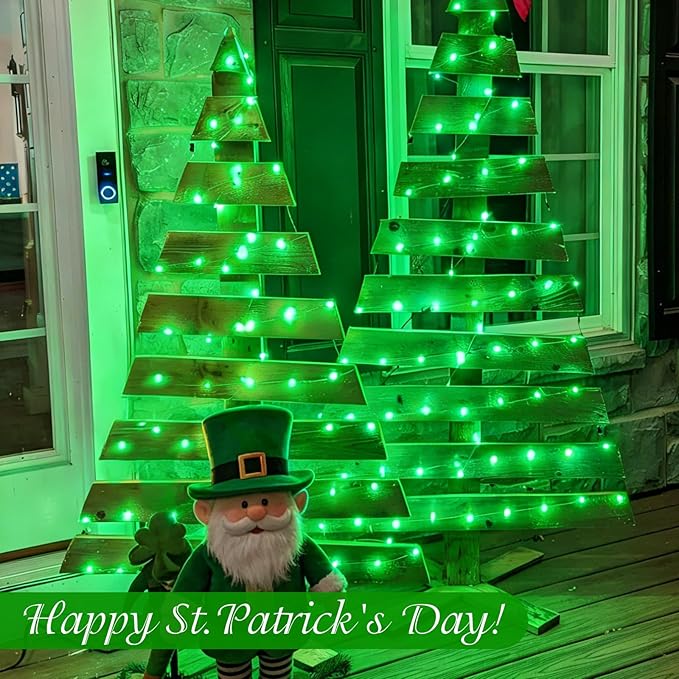 QITONG 4 Pack Solar St. Patricks Fairy Lights, Each 33ft 100 LED Green Christmas String Light Outdoor Waterproof, 8 Modes Silver Wire Twinkle Mini Lights