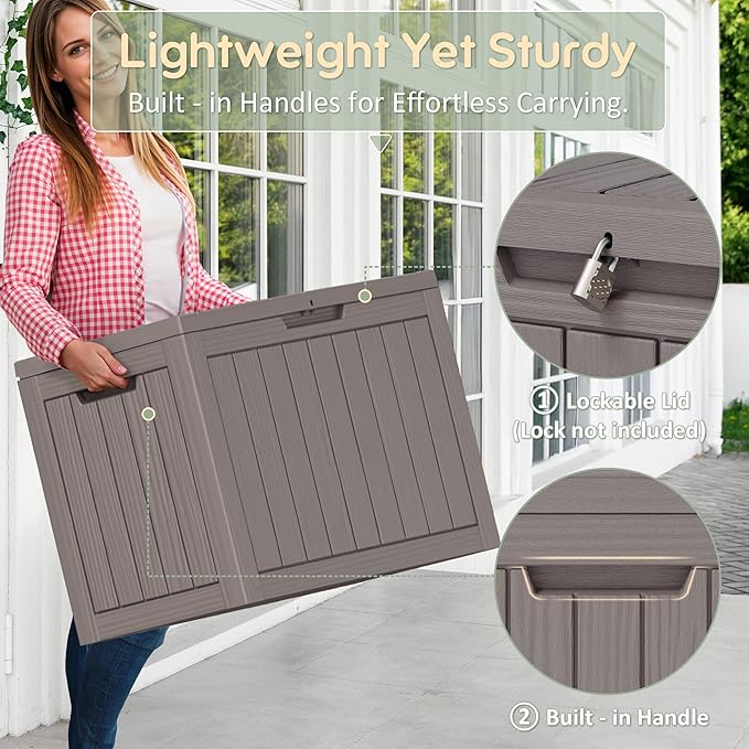 WTFGO 50 Gallon Outdoor Storage Deck Box Waterproof,Garden Tool,Backyard Cushion,Poolside Storage,Small Delivery Boxes for Outside,UV-Resistant & All-Weather,Wood-like Striped Gray