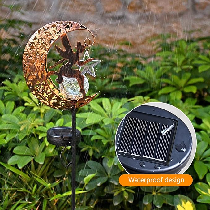 Solar Lights Garden Decorations Outdoor-Moon Fairy Lights with Crackle Glass Globe, Lawn Decorative Lights Waterproof Warm White LED, Decoration for Pathway Lawn Patio Courtyard Backyard(Moon Fairy)