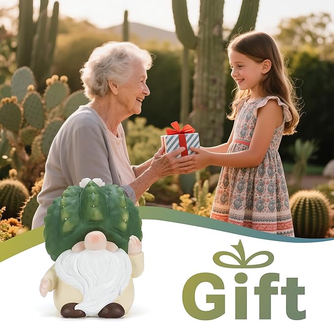 Solar Cactus Gnome Statue Garden Decor Light - Outdoor Decorative LED Flower, Suitable for Patio, Lawnand Garden Decorations, Gifts for Mom