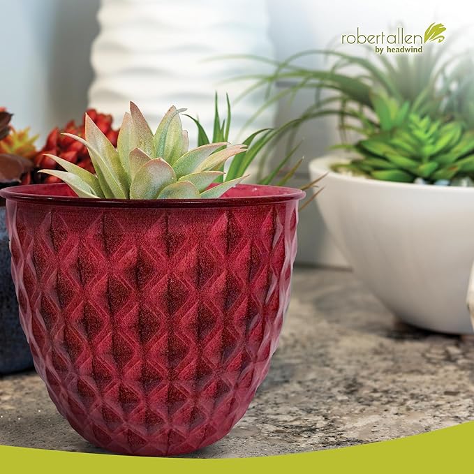 Headwind Glazed Ironstone Diamonte Collection – Crimson Red 6-Inch Decorative Plant Pot, Indoor & Outdoor, Vintage Diamond-Textured, Lightweight & Weather-Resistant for Garden Use by Robert Allen