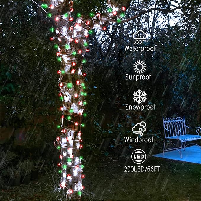 QITONG 4 Pack Solar Fairy Lights, Each 33ft 100 LED Red and Green Christmas String Light Outdoor Waterproof, 8 Modes Silver Wire Twinkle Mini Lights