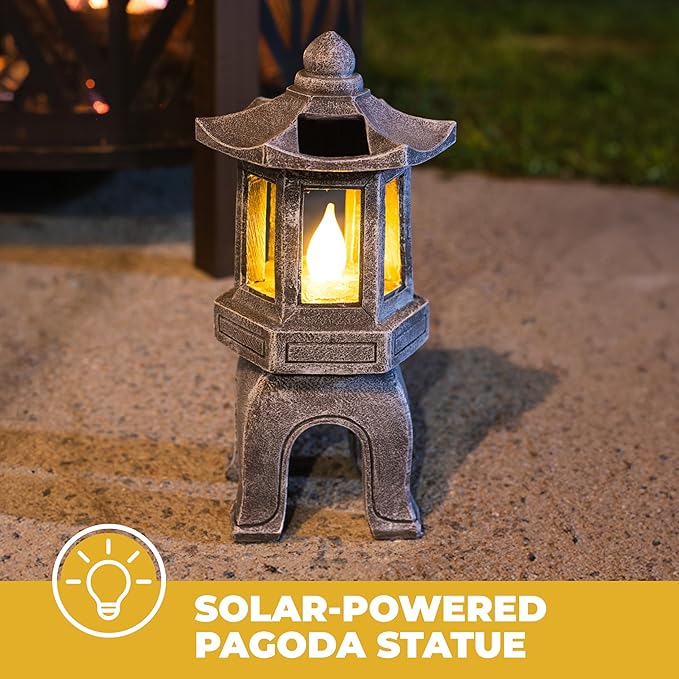 VP Home Solar Powered Asian Statue, Pagoda Garden Decor, Outdoor Zen Garden Lantern, Flickering LED Garden Light (Peaceful Zen Pagoda)