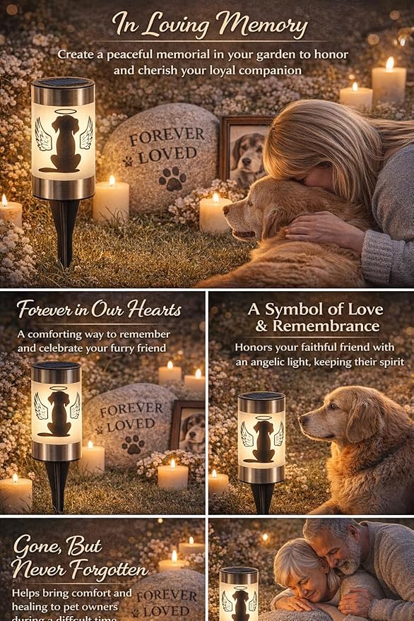 Solar Dog Memorial Garden Light, Outdoor Pet Remembrance Keepsake with Angel Silhouette, Automatic Dusk to Dawn LED Yard Stake