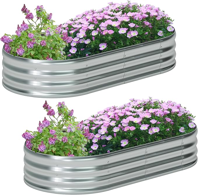 zizin 2 Pack Oval Galvanized Raised Garden Bed Kit 6x3x1ft Large Metal Planter Box for Outdoor Vegetables, Silver