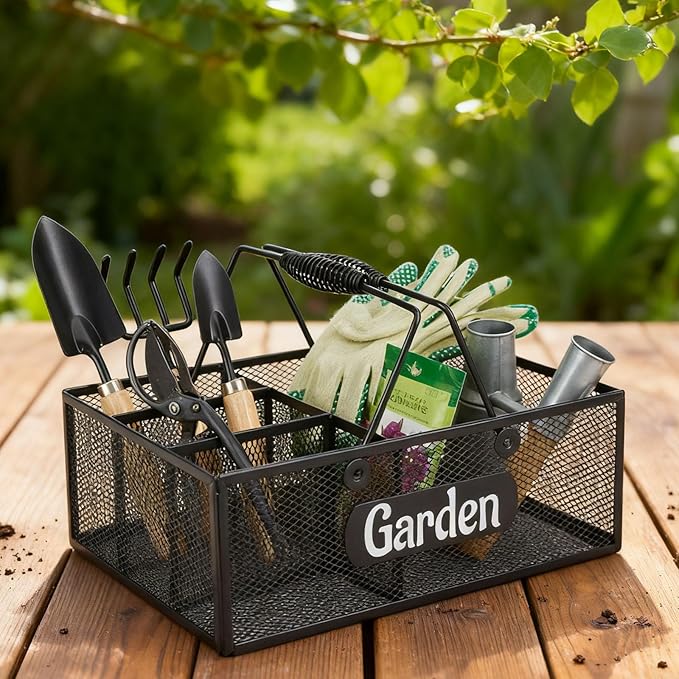 Xbopetda Garden Tool Storage, 4 Compartments Metal Mesh Garden Caddy, Portable Garden Basket with Handles, Gardening Tool Organizer for Indoor and Outdoor, Gardener Gift for Gardening Lovers, Black