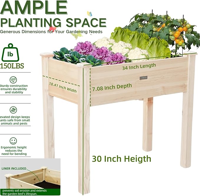 ZSYWODFO 34x18x30in Wooden Raised Garden Bed with Legs,Elevated Reinforced Planter Box with Bed Liner for Backyard/Patio/Gardener,150lb Capacity - Natural