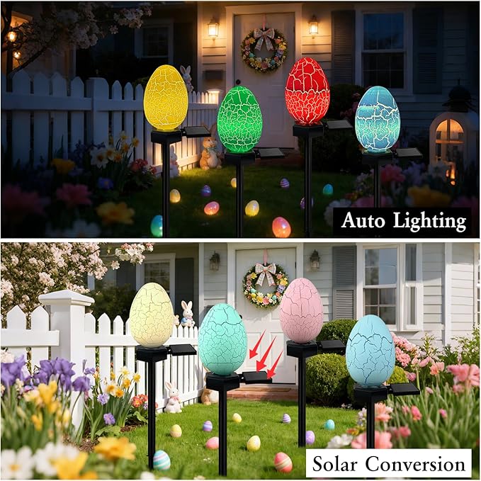 4 Pack Solar Easter Egg Lights Outdoor, Waterproof Solar Easter Yard Decorations Outdoor Easters Yard Stakes Lights for Outside Lawn Walkway Patio Cemetery Grave (Red/Yellow/Green/Blue)