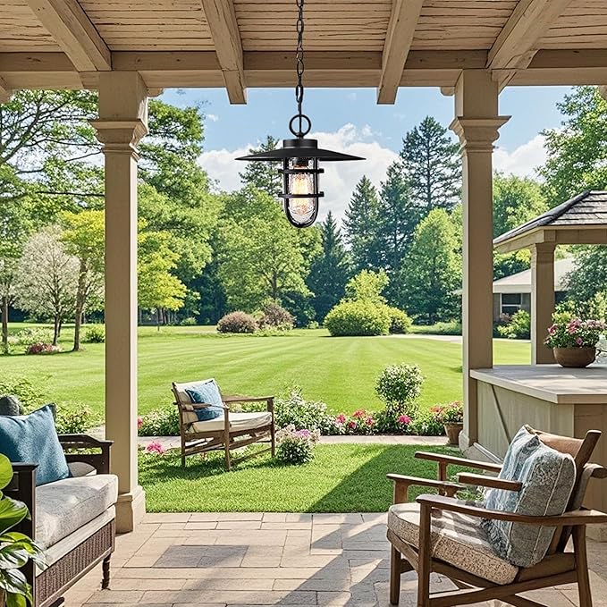 Outdoor Pendant Light for Porch, 12" Black Outdoor Chandelier with Seeded Glass, Farmhouse Exterior Hanging Lantern with 70" Adjustable Chain for Patio Gazebo Front Door(Bulb Included