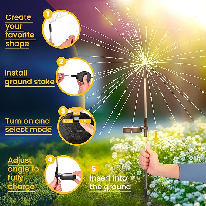GIGALUMI Garden Decor Outdoor Lights 120LED 2Pack, Solar Garden Lights for Outside Christmas Fairy Firework Decorative,Solar Powered for Yard Pathway Flowerbed Planter Balcony Patio Decor (Warm White