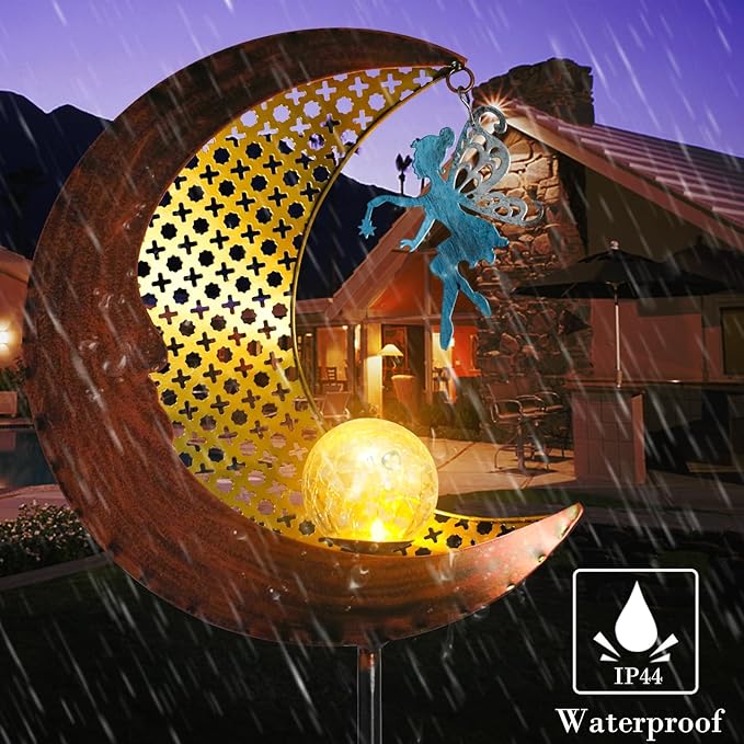 Bshine Moon Solar Light Outdoor Garden Decor, Moon Fairy Garden Statue Decor,Metal Waterproof Light Stake for Patio, Path, Yard and Lawn Ornament, Housewarming Gift for Mom,Bronze