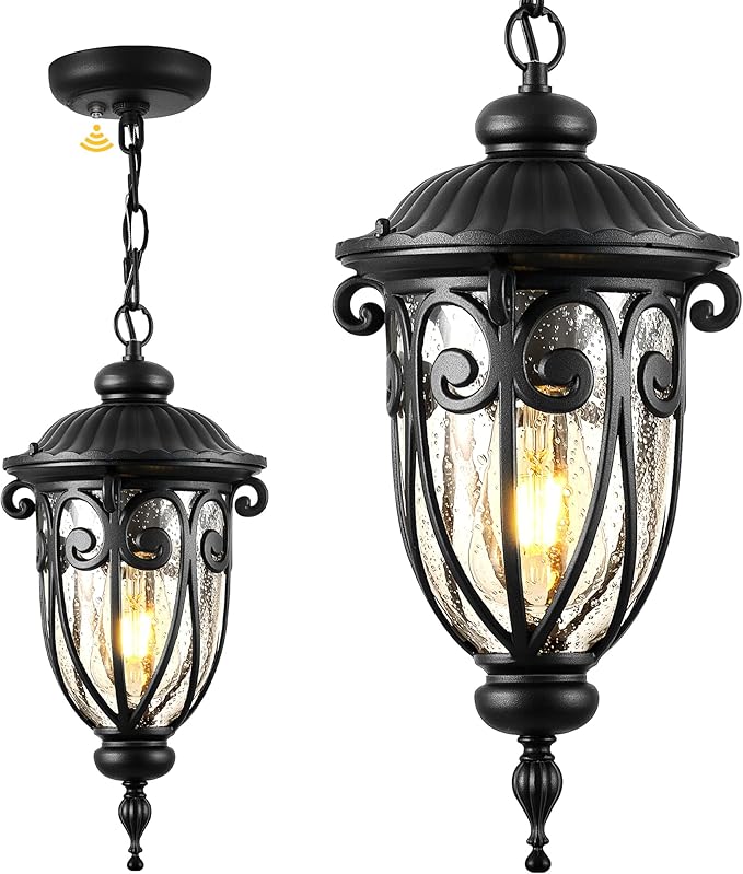 VIANIS Black Dusk to Dawn Outdoor Hanging Lights, Vintage Outdoor Pendant Light with Seed Glass, Waterproof, Anti-Rust Adjustable Length Chandelier, Hanging Ceiling Light for Porch, Garden, Yard
