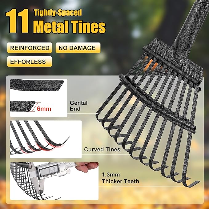 Leaf Rake: 8.5" Wide Heavy Duty Small Metal Garden Rake for Lawn Yard Garden Bed Leaves Debris Shrub Pine Needles Cleanup, 11 Metal Tines, Lightweight Kids Leaf Rakes, 72” Long Handle