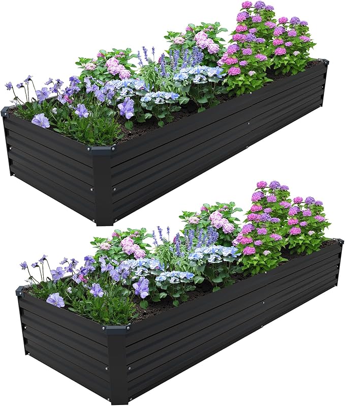 ZUNUDA 8×2×1FT(2PCS) Galvanized Raised Garden Bed Kit, Metal Planter Boxes,Large Outdoor Planters Garden for Planting Vegetables,Flowers,Herbs -Black