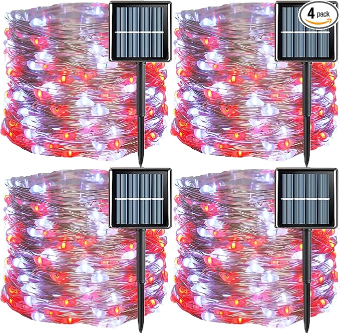 QITONG 4 Pack Solar Fairy Lights, Each 33ft 100 LED Red and White Christmas String Light Outdoor Waterproof, 8 Modes Silver Wire Twinkle Mini Lights