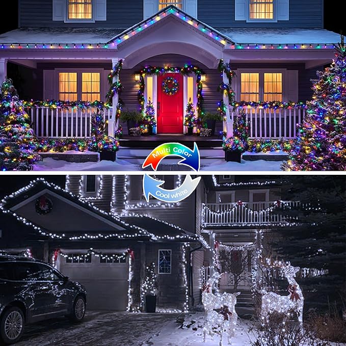 (Cool White ⇋ Multicolor) Solar String Lights Outdoor, 2-Pack 80FT 200 LED Waterproof Silver Wire Solar Twinkle Lights for Outside with 8 Modes, Fairy Light for Tree Garden Wedding Patio Decorations