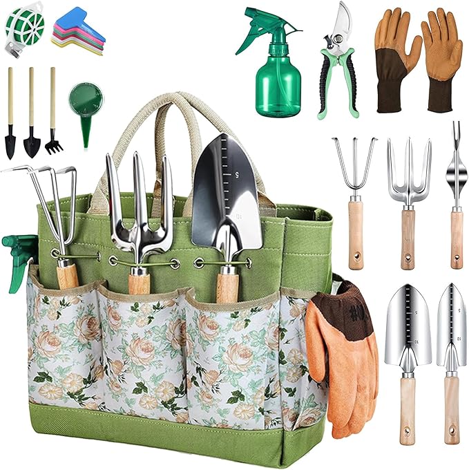 Gardening Tools 12-Piece, Durable Heavy Duty Garden Tool Set Stainless Steel, Garden Hand Tools with Tote Bag, Non Slip Handles, Gardening Ideal Gifts for Women and Men