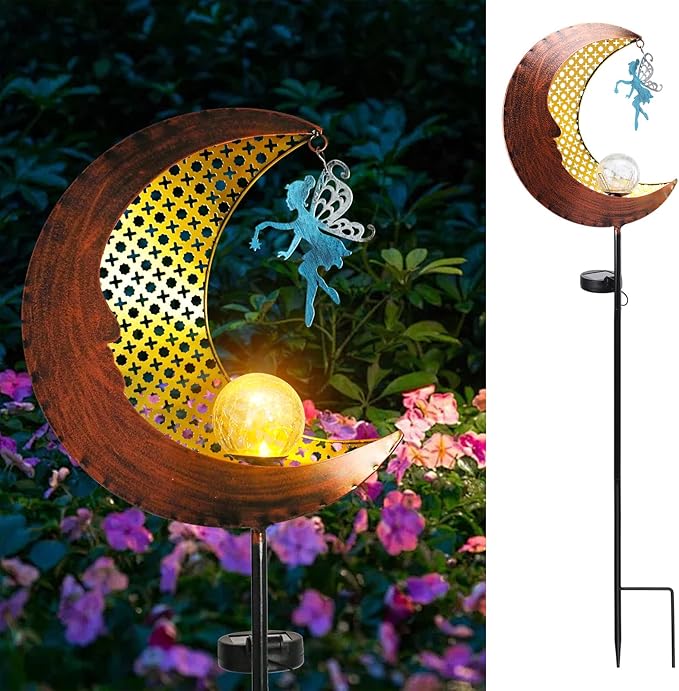 Bshine Moon Solar Light Outdoor Garden Decor, Moon Fairy Garden Statue Decor,Metal Waterproof Light Stake for Patio, Path, Yard and Lawn Ornament, Housewarming Gift for Mom,Bronze