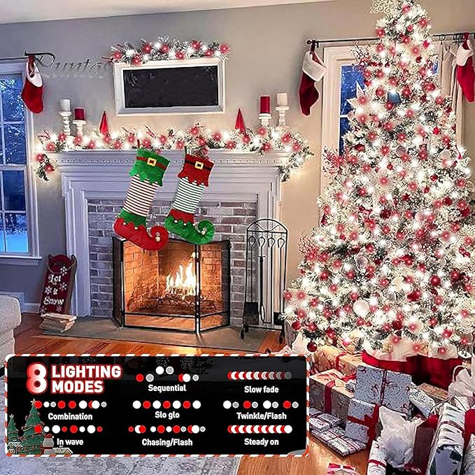 QITONG 4 Pack Solar Fairy Lights, Each 33ft 100 LED Red and White Christmas String Light Outdoor Waterproof, 8 Modes Silver Wire Twinkle Mini Lights