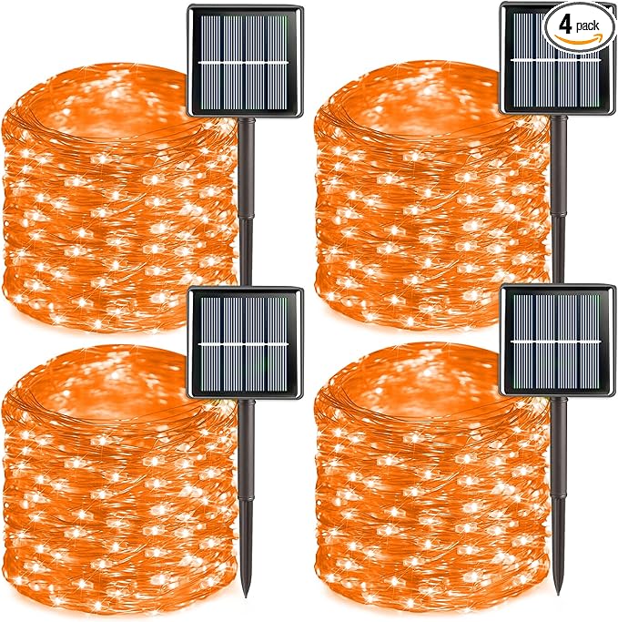QITONG 4 Pack Solar Fairy Lights, Each 33ft 100 LED Orange Christmas String Light Outdoor Waterproof, 8 Modes Silver Wire Twinkle Mini Lights