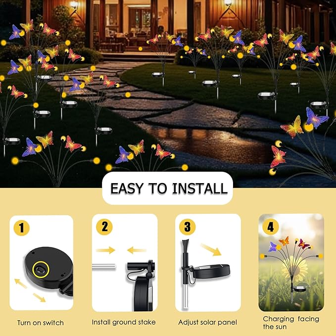 Solar Firefly Colorful Butterfly Garden Lights 2Pack Outdoor Waterproof for Pathway Landscape Camping Patio Lawn Decorations Warm White
