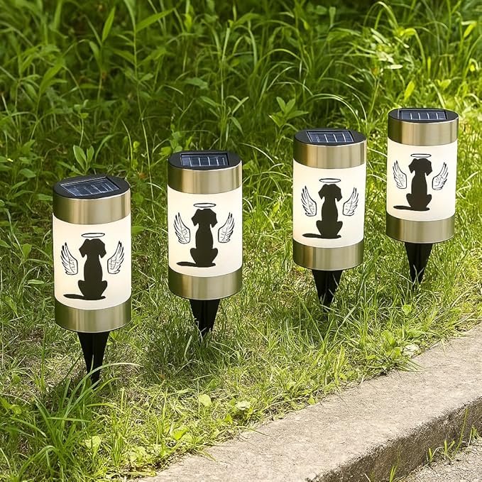 Solar Dog Memorial Garden Light, Outdoor Pet Remembrance Keepsake with Angel Silhouette, Automatic Dusk to Dawn LED Yard Stake