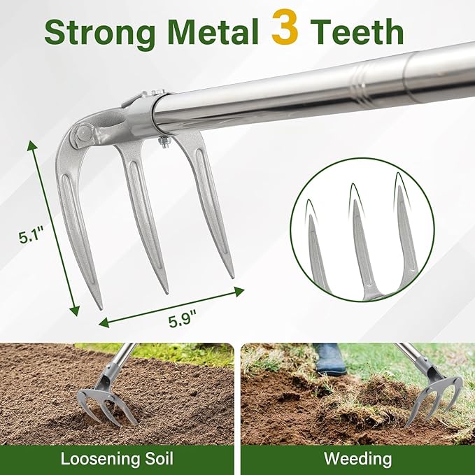 Hand Rake Garden Tool - 57" Long Handle Soil Tiller Cultivator Weeding Rake, 3-Tine Heavy Duty Carbon Steel with D-Grip for Effortless Weeds Digging, Soil Loosening, Planting