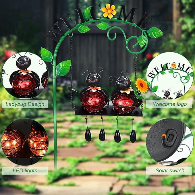 Ladybug Swing Solar Light Metal Christmas Ladybug Hanging Animal Garden Decorative Gift with Welcome Sign Waterproof Solar Outdoor Lights for Patio Balcony Pathway Lawn Yard Gifts