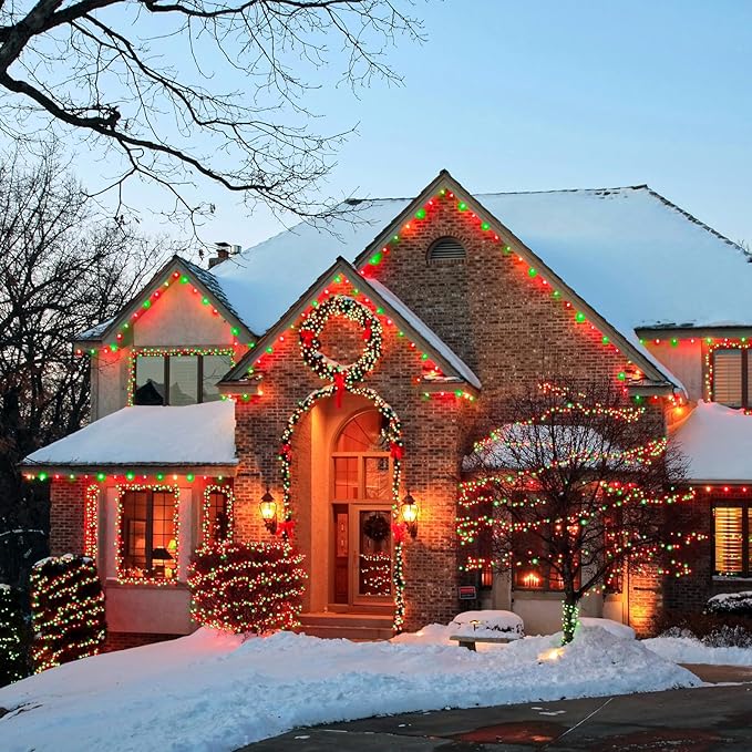 QITONG 4 Pack Solar Fairy Lights, Each 33ft 100 LED Red and Green Christmas String Light Outdoor Waterproof, 8 Modes Silver Wire Twinkle Mini Lights