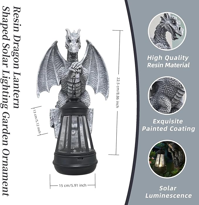 Large Solar-Powered Dragon Statue, Outdoor Decoration - 9-inch Garden Decor with Solar Light, Waterproof Wall Hanging, Resin Sculpture, Patio/Garden Decoration Gift