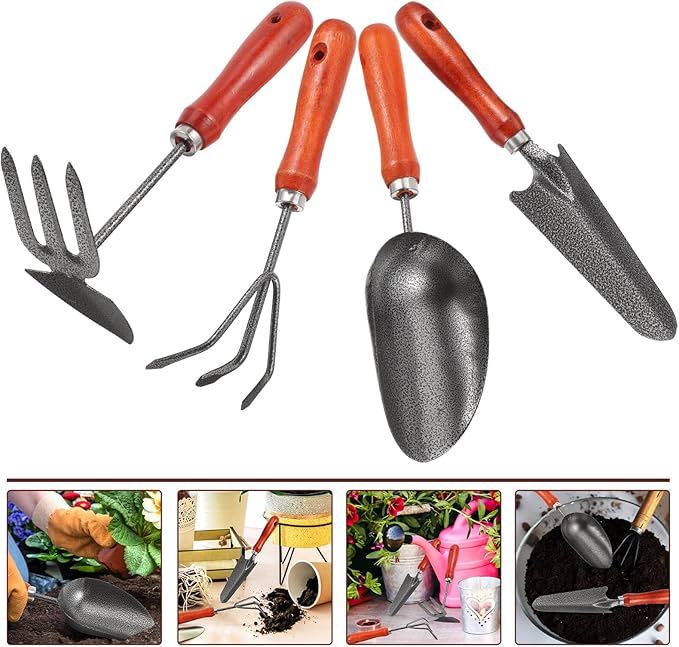 Housoutil 4pc Hand Garden Tools Set with Thick Painted Shovel, Rake, Narrow Trowel and Dual-Purpose Hoe, Sturdy Transplanting and Weeding Kit for Vegetable Gardens and Flower Pots