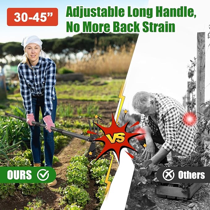 2-in-1 Garden Hoe Tool with Cultivator Rake, 45" Long Handle Small weed Hoe for Weeding, Heavy Duty hand tiller Gardening Hoes for Raised Beds, Backyards,Indoor Greenhouse, Outdoor Planting