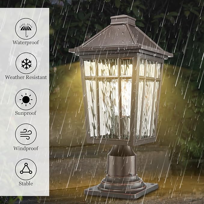 Darkaway Large Outdoor Post Lights Lamp Post Light Fixture, 17inch Waterproof Aluminum Housing with Water Ripple Glass, Fence Post Deck Lighting for Garden Patio Pathway