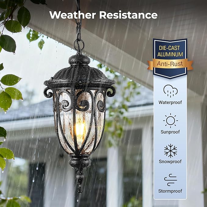 VIANIS Black Dusk to Dawn Outdoor Hanging Lights, Vintage Outdoor Pendant Light with Seed Glass, Waterproof, Anti-Rust Adjustable Length Chandelier, Hanging Ceiling Light for Porch, Garden, Yard