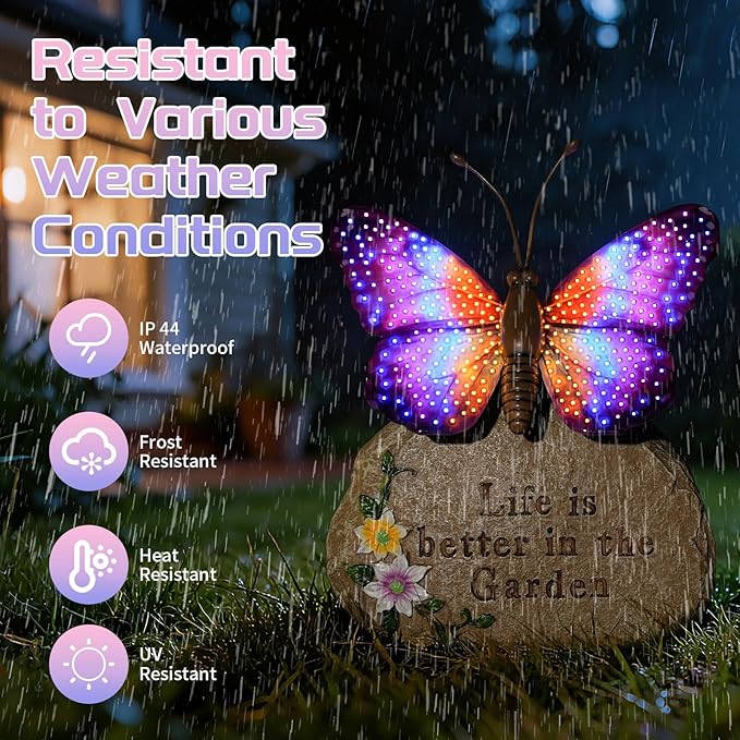 Solar LED Butterfly Garden Statue with Sparkling Light-Up Wings - Outdoor Yard Patio Decor Figurine, for Women Mom Grandma(Purple)