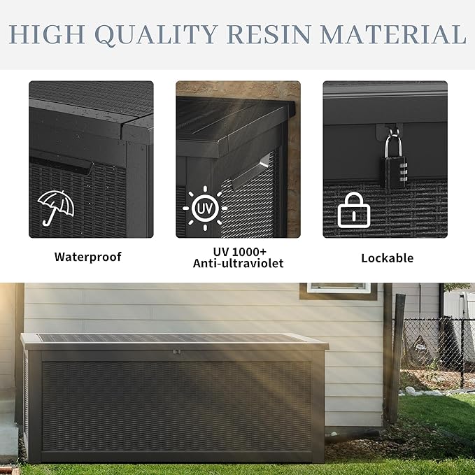 WTFGO 320 Gallon Large Resin deck box Waterproof,Outdoor Storage Bench,Patio Storage Box,Garden Tool Storage,Resin Large Sturdy Deck boxes with Double Wall Panels,Rattan Black