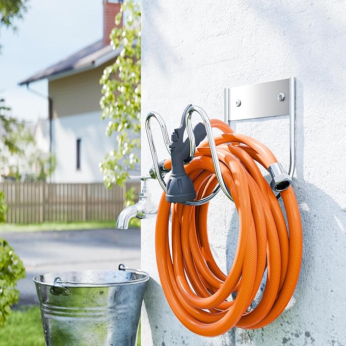 Josmimic Stainless Steel Garden Hose Holder - Extra Large Heavy Duty Silver SS304 Wall Mounted Hanger for Water Hose, Extension Cords, Vacuum Lines, Anti-Rust (2 Pack)
