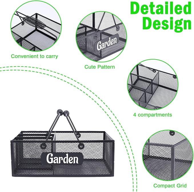 Xbopetda Garden Tool Storage, 4 Compartments Metal Mesh Garden Caddy, Portable Garden Basket with Handles, Gardening Tool Organizer for Indoor and Outdoor, Gardener Gift for Gardening Lovers, Black