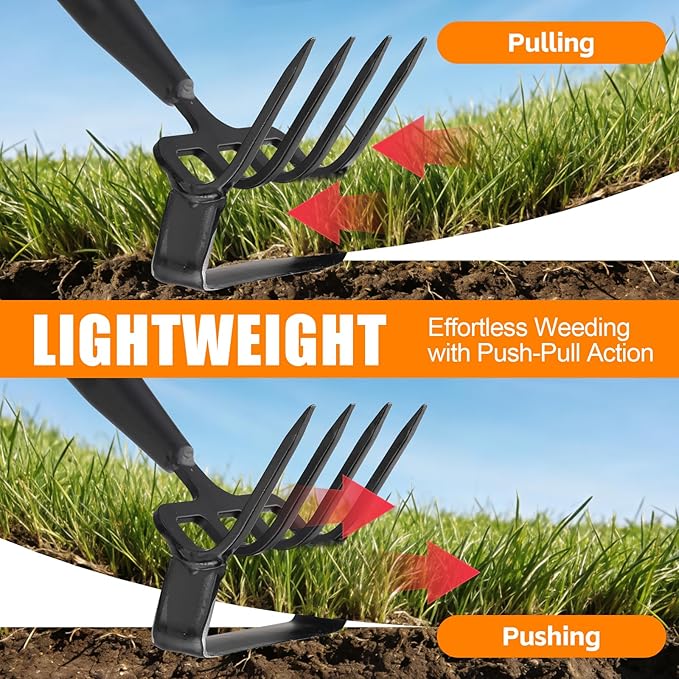 Garden Hoe, 72 Inch Soil Tiller Cultivator Stirrup Hoe, Heavy Duty 2-in-1 Garden Tool with Adjustable Long Handle, Action Scuffle Loop Hoe with Rake for Flower Beds, Garden Loosening Weeding Digging