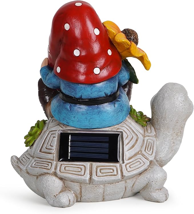 basen Solar Turtle Gnome Garden Statue Outdoor Decor, Resin Turtle with Gnome Figurine and LED Light, Solar Powered Yard Art for Lawn Patio Porch Pathway, Weather Resistant