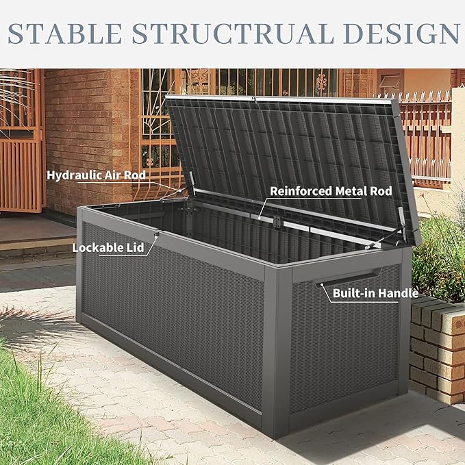 WTFGO 320 Gallon Large Resin deck box Waterproof,Outdoor Storage Bench,Patio Storage Box,Garden Tool Storage,Resin Large Sturdy Deck boxes with Double Wall Panels,Rattan Gray
