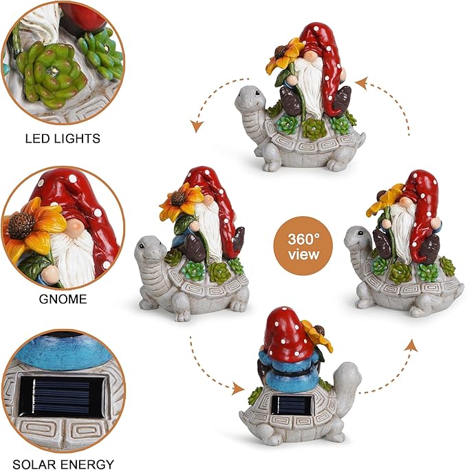 basen Solar Turtle Gnome Garden Statue Outdoor Decor, Resin Turtle with Gnome Figurine and LED Light, Solar Powered Yard Art for Lawn Patio Porch Pathway, Weather Resistant
