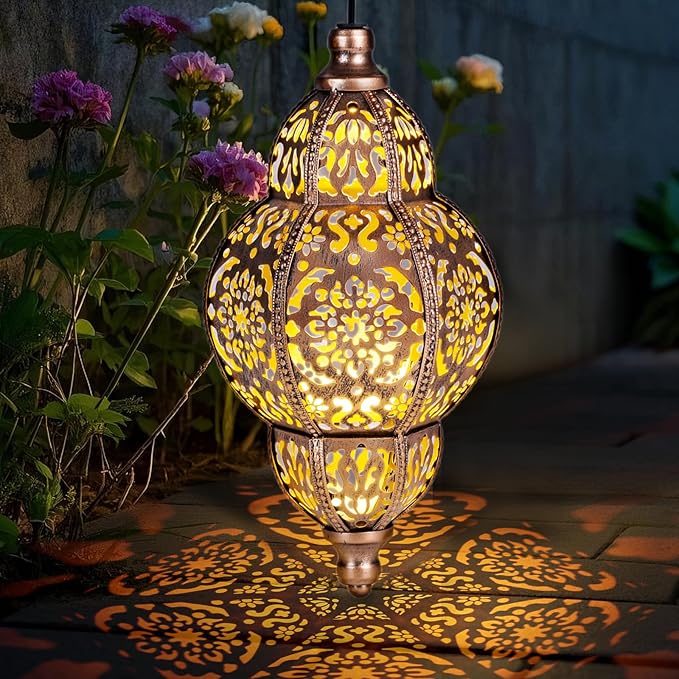 Solar Lanterns Outdoor Garden Decor, Hanging Moroccan Lanterns for Outside, Metal Solar Chandelier Outdoor for Mother's Days Gifts, Patio,Lawn, Yard Art for Women