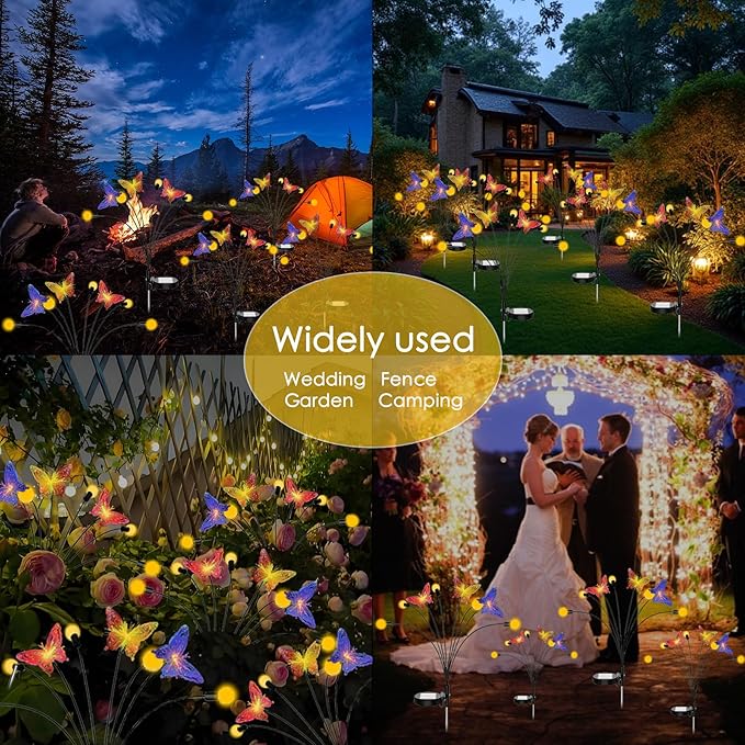 Solar Firefly Colorful Butterfly Garden Lights 2Pack Outdoor Waterproof for Pathway Landscape Camping Patio Lawn Decorations Warm White