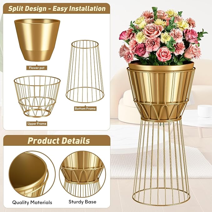 Metal Plant Stand with Pot 12" - Tall Decorative Metal Plant Holder Stand Indoor, Gold Plant Stand Modern Flower Potted Rack for Corner Display, Living Room, Office, Modern Home Decor- Height 27"
