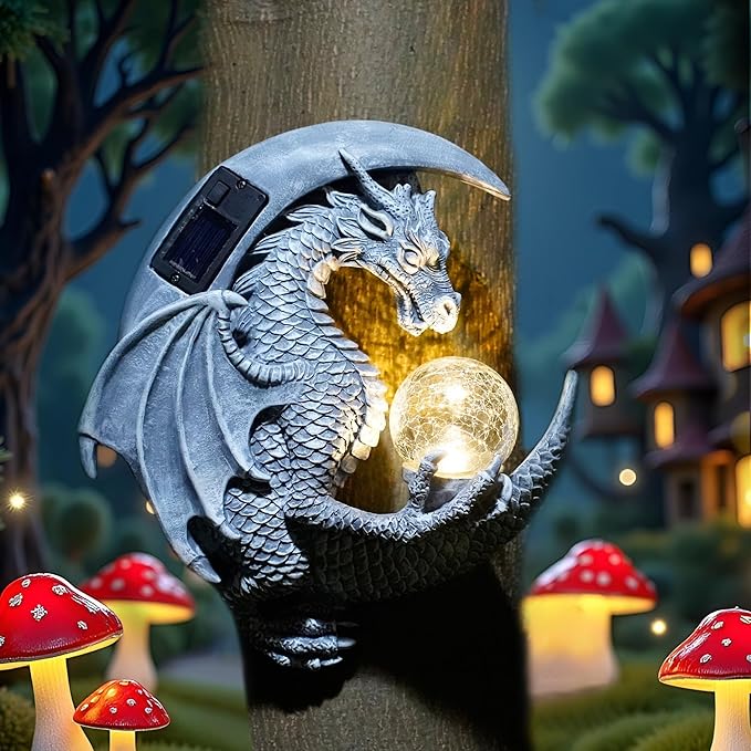 Dragon Tree Hugger Solar Magic Orb Garden Statue Dragon Solar LED Lights Decor Sun Moom for Your Patio Balcony Porch Yard for Mom Grandma