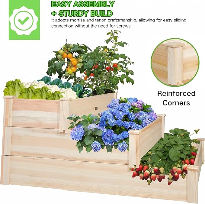 ZSYWODFO 3-Tier Raised Garden Bed with Fabric Liner, Wood Elevated Planter Box with Dovetail Joint Design, 3 Dividable Bed Kit for Vegetables/Herbs/Flowers, Outdoor Gardening for Patio, Lawn, Balcony