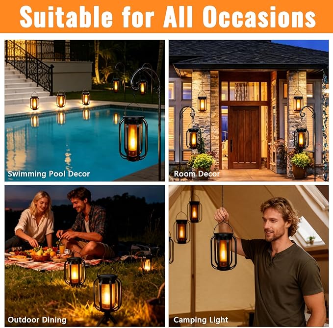(New) 2 Pack Solar Lanterns Lights, Solar Lights Outdoor with Flickering Flame, 4 Modes Waterproof Hanging Lantern Decorative, Solar Powered Lanterns for Yard Patio Proch Tree Garden Decor